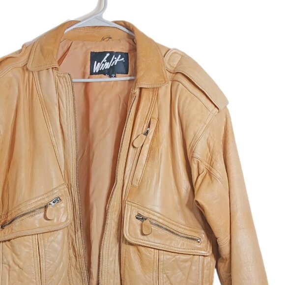 Winlit Leather Bomber Jacket Mens M Camel Tan Vtg Pilot Flight Zip Pocket Soft - Picture 2 of 6